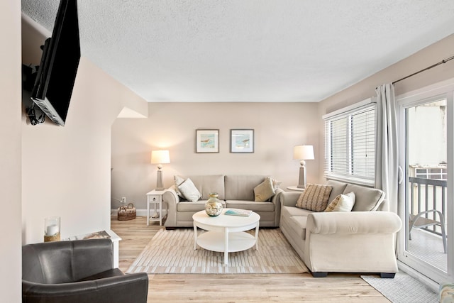 living room featuring wood finished floors, baseboards, and a textured ceiling