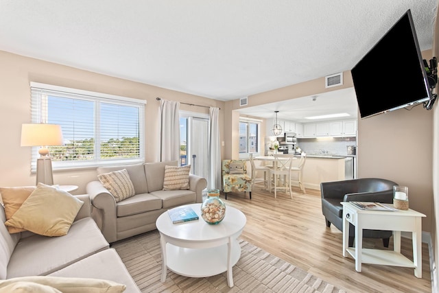 living room featuring light wood-style flooring and visible vents