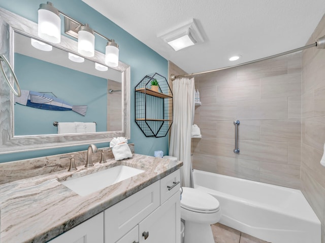 bathroom with vanity, tile patterned floors, a textured ceiling, toilet, and shower / bathtub combination with curtain