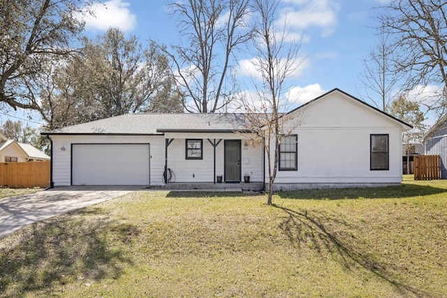 ranch-style house featuring a garage, concrete driveway, a front lawn, and fence