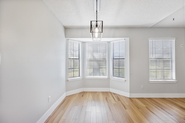 unfurnished dining area with a wealth of natural light, a textured ceiling, baseboards, and wood finished floors