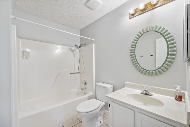 full bathroom with visible vents, toilet, vanity, tile patterned floors, and a textured ceiling