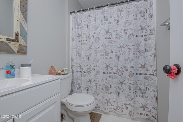 bathroom featuring vanity, a shower with shower curtain, and toilet