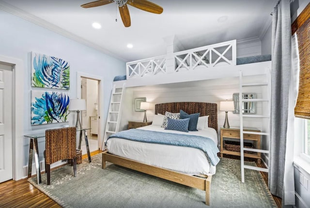 bedroom featuring recessed lighting, crown molding, ceiling fan, and wood finished floors