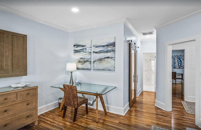 office with visible vents, crown molding, baseboards, and dark wood-style flooring