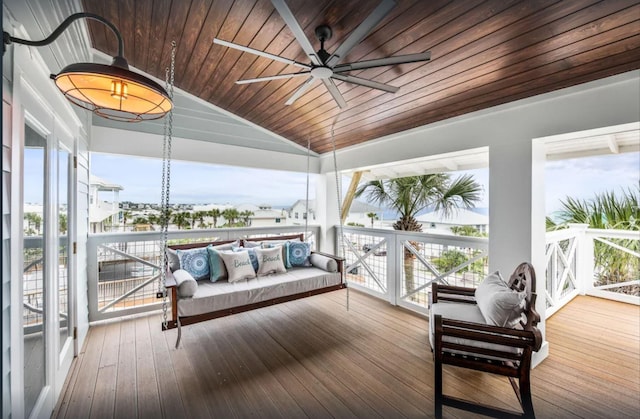 wooden deck featuring ceiling fan and an outdoor hangout area