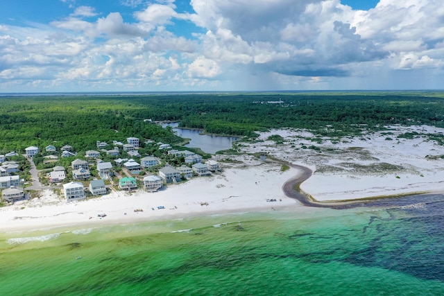 drone / aerial view with a forest view, a beach view, and a water view