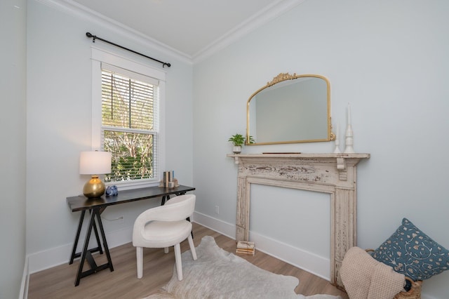 office with crown molding, wood finished floors, and baseboards