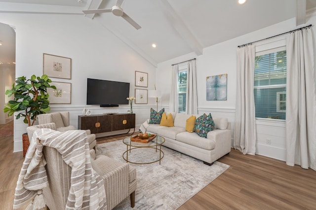 living room featuring recessed lighting, lofted ceiling with beams, ceiling fan, and wood finished floors