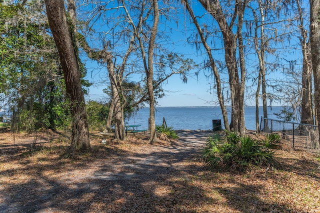 property view of water featuring fence