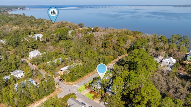 aerial view featuring a water view and a view of trees