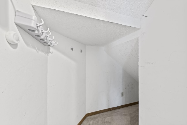 interior space with baseboards, carpet floors, and a textured ceiling