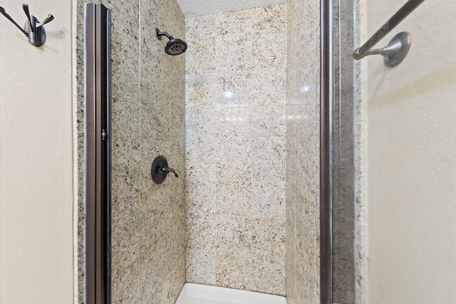 interior details featuring a stall shower