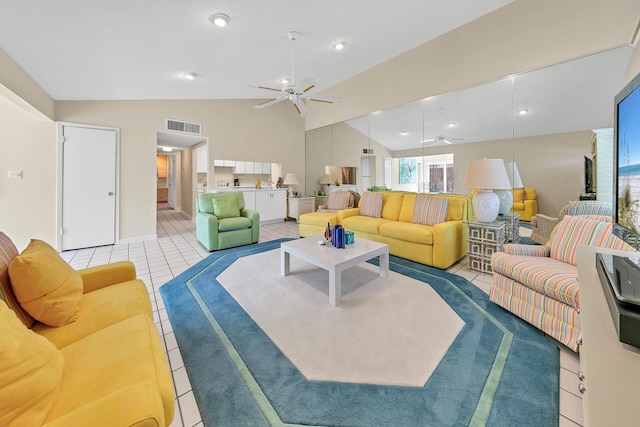 tiled living area featuring visible vents, recessed lighting, a ceiling fan, and vaulted ceiling