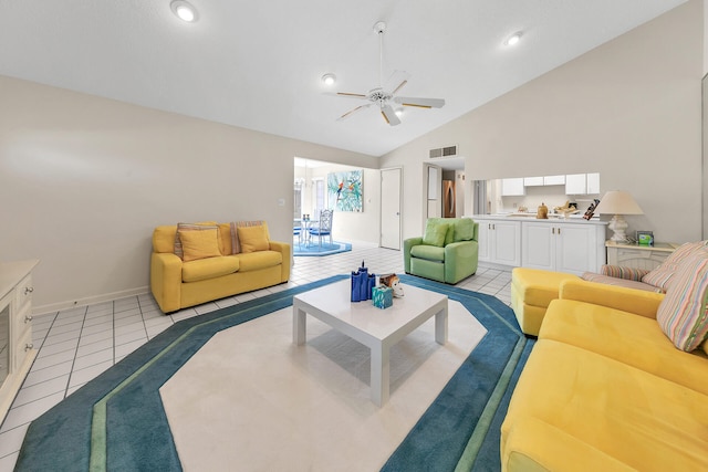 living room featuring baseboards, visible vents, high vaulted ceiling, light tile patterned flooring, and ceiling fan