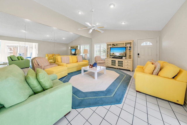 living room with light tile patterned flooring, recessed lighting, a ceiling fan, and lofted ceiling