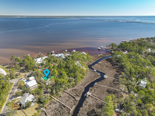 drone / aerial view featuring a water view