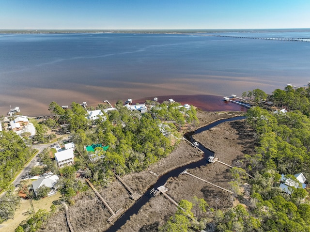 bird's eye view with a water view