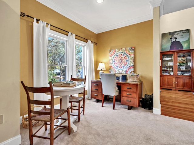 office with light carpet, baseboards, and ornamental molding