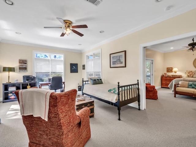 carpeted bedroom featuring visible vents, ornamental molding, recessed lighting, baseboards, and ceiling fan