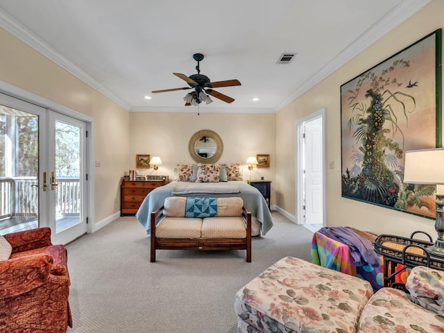 carpeted bedroom featuring visible vents, ornamental molding, access to outside, recessed lighting, and baseboards