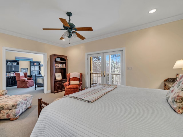 carpeted bedroom featuring recessed lighting, ornamental molding, a ceiling fan, and access to outside