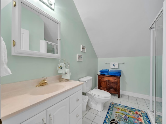 full bathroom featuring vanity, a shower stall, toilet, and tile patterned floors