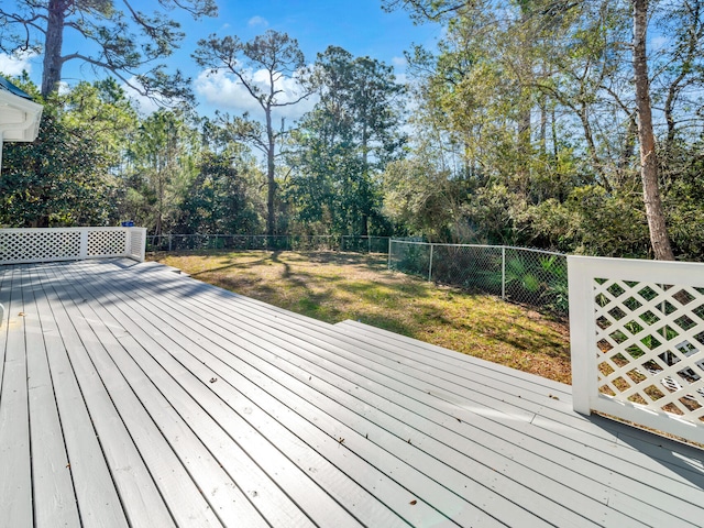 deck featuring a yard and a fenced backyard