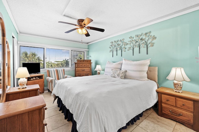 bedroom featuring a textured ceiling, crown molding, and ceiling fan