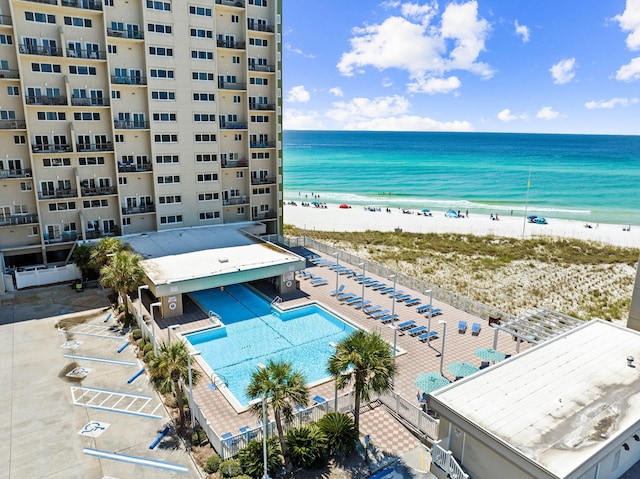 drone / aerial view with a view of the beach and a water view