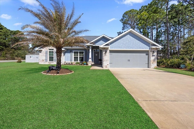 craftsman-style house featuring a garage, brick siding, concrete driveway, and a front lawn