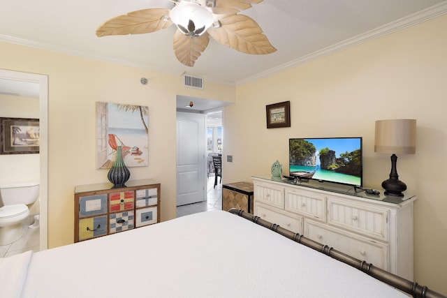 bedroom featuring tile patterned floors, visible vents, ornamental molding, connected bathroom, and ceiling fan