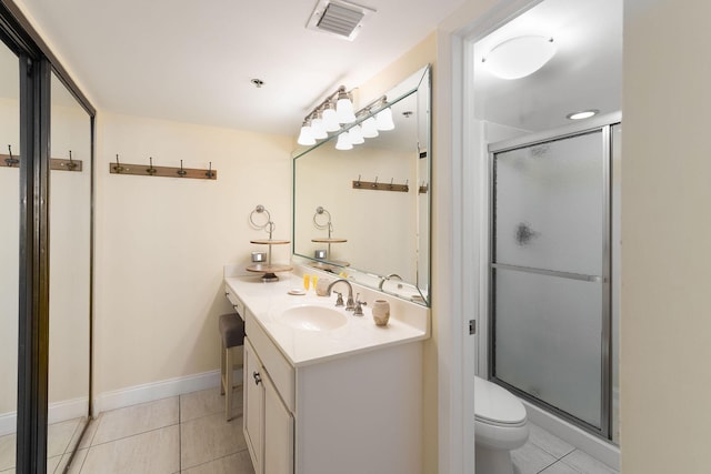 full bath featuring tile patterned floors, a shower stall, and toilet