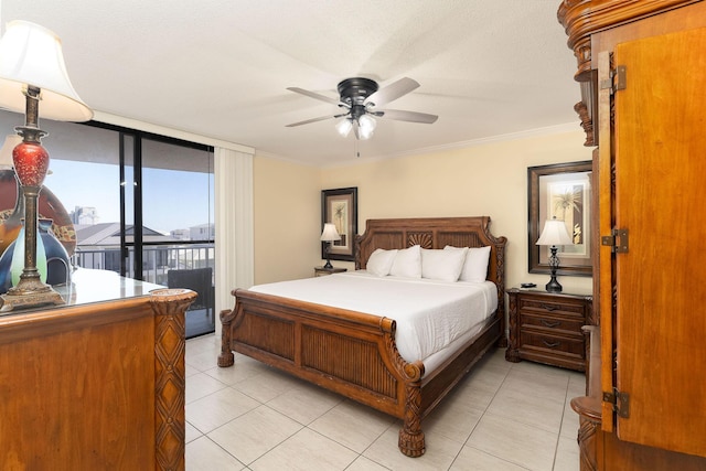 bedroom featuring ceiling fan, access to outside, light tile patterned floors, and ornamental molding