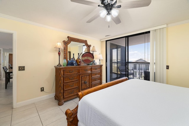 bedroom with light tile patterned floors, a ceiling fan, baseboards, access to exterior, and crown molding