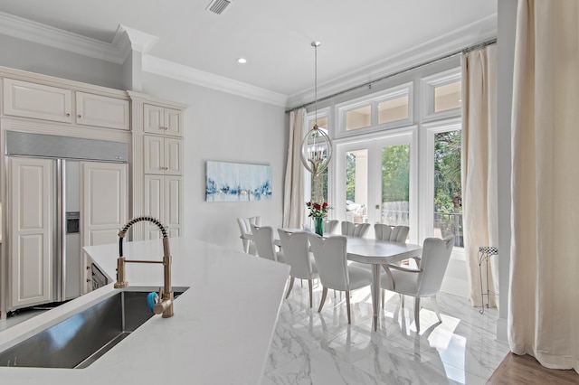 2940 Pine Valley Dr, Miramar Beach, FL 32550 - dining room with crown molding, an inviting chandelier, visible vents, recessed lighting, and marble finish floor