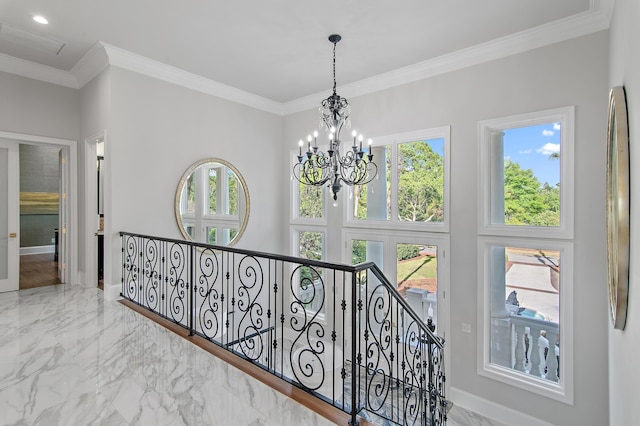 2940 Pine Valley Dr, Miramar Beach, FL 32550 - corridor with marble finish floor, ornamental molding, an upstairs landing, and a wealth of natural light