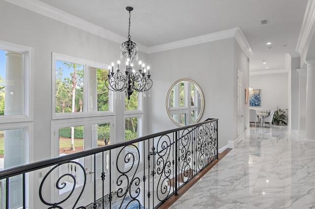 2940 Pine Valley Dr, Miramar Beach, FL 32550 - hallway with crown molding, baseboards, plenty of natural light, and marble finish floor