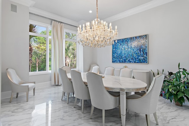 2940 Pine Valley Dr, Miramar Beach, FL 32550 - dining room featuring a chandelier, crown molding, marble finish floor, and visible vents