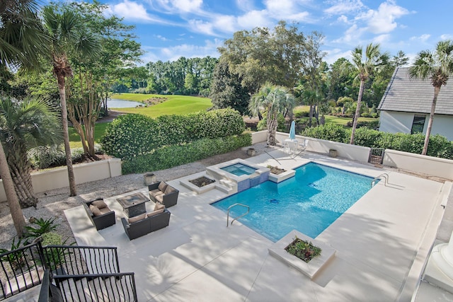 2940 Pine Valley Dr, Miramar Beach, FL 32550 - pool featuring a water view, a patio area, an in ground hot tub, and golf course view
