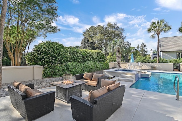 2940 Pine Valley Dr, Miramar Beach, FL 32550 - view of pool featuring a fenced in pool, a patio area, an in ground hot tub, and an outdoor living space with a fire pit