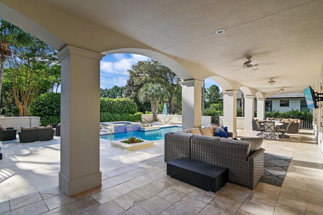 2940 Pine Valley Dr, Miramar Beach, FL 32550 - view of patio / terrace featuring an outdoor living space, a fenced in pool, an in ground hot tub, and a ceiling fan