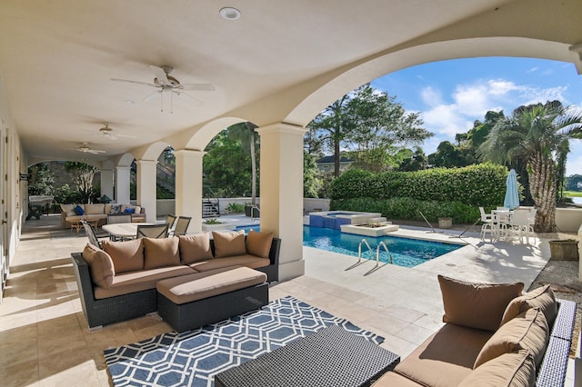 2940 Pine Valley Dr, Miramar Beach, FL 32550 - view of patio / terrace with outdoor lounge area, ceiling fan, and a pool with connected hot tub