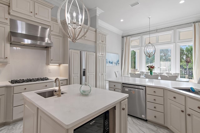 2940 Pine Valley Dr, Miramar Beach, FL 32550 - kitchen featuring visible vents, a notable chandelier, dishwasher, a sink, and wall chimney range hood