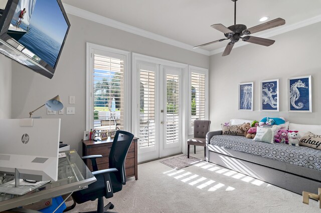 2940 Pine Valley Dr, Miramar Beach, FL 32550 - carpeted bedroom featuring ceiling fan, crown molding, recessed lighting, french doors, and access to outside