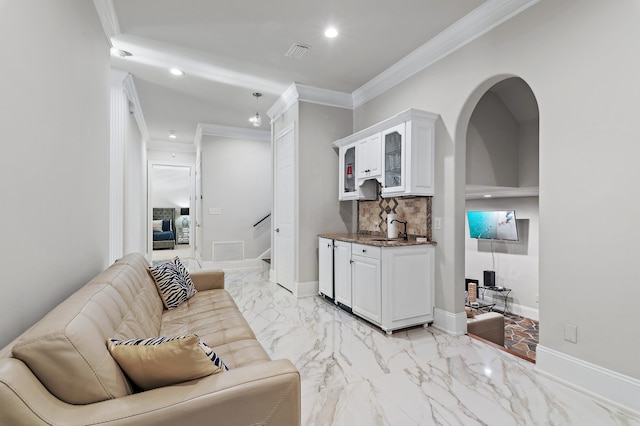 2940 Pine Valley Dr, Miramar Beach, FL 32550 - living room featuring ornamental molding, visible vents, recessed lighting, and stairs