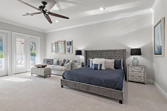 2940 Pine Valley Dr, Miramar Beach, FL 32550 - carpeted bedroom featuring baseboards, a ceiling fan, crown molding, recessed lighting, and access to outside