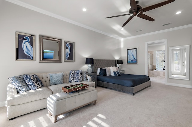 2940 Pine Valley Dr, Miramar Beach, FL 32550 - carpeted bedroom with ensuite bath, ornamental molding, visible vents, recessed lighting, and baseboards