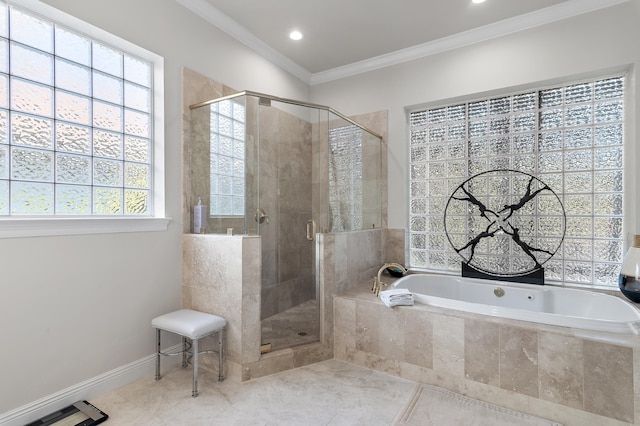 2940 Pine Valley Dr, Miramar Beach, FL 32550 - bathroom featuring ornamental molding, visible vents, a stall shower, and a garden tub
