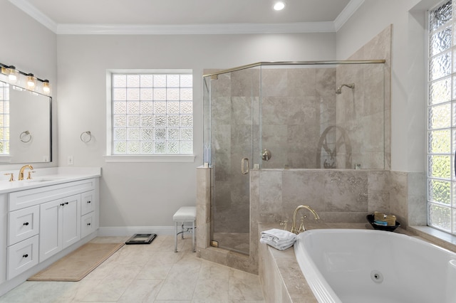 2940 Pine Valley Dr, Miramar Beach, FL 32550 - full bathroom with a shower stall, vanity, a tub with jets, and ornamental molding